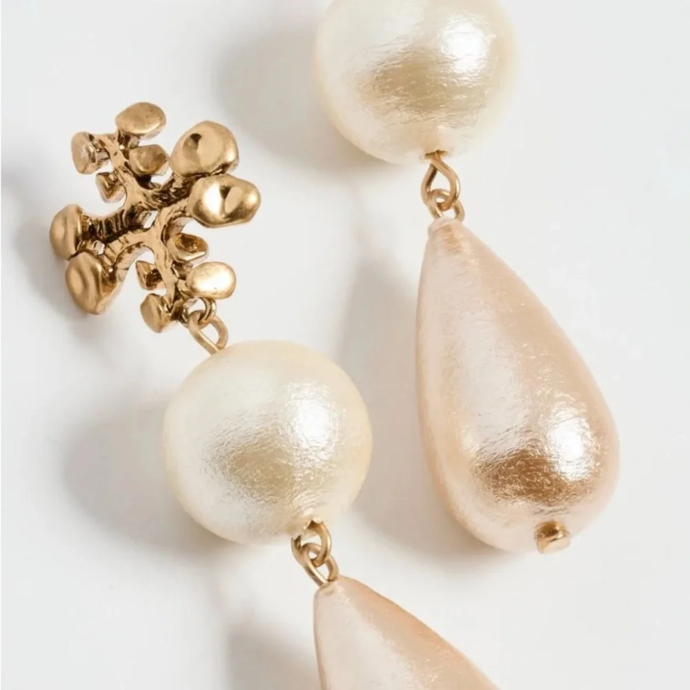 Tory Burch Brutalist Double-Drop Earrings - Antique Light Brass - Picture 1 of 6